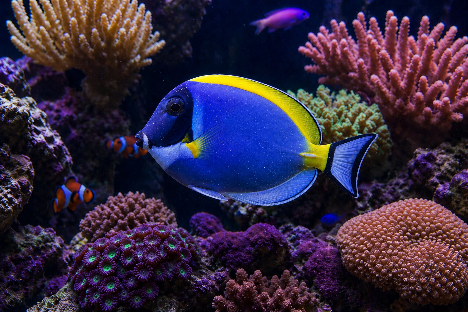 Colorful fish swimming among vibrant coral in an aquarium setting