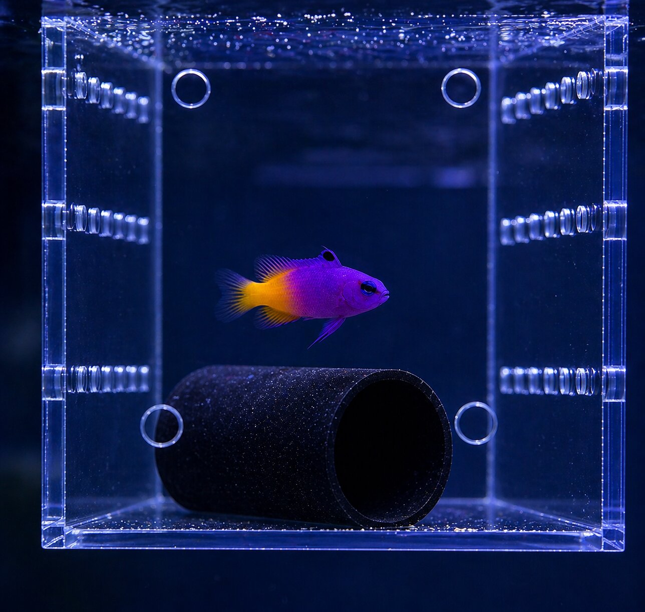 Fish in a clear tank with a black sponge filter under blue light